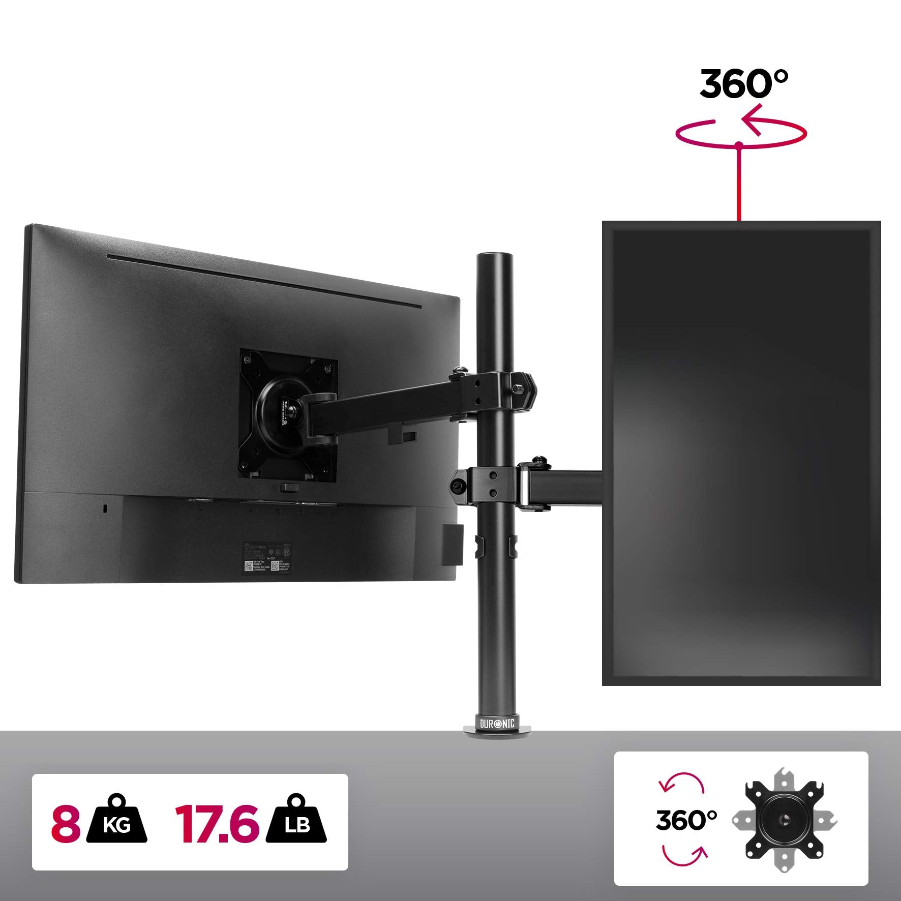 Duronic Single Monitor Arm Stand  showcasing 360-degree rotation and 8kg weight capacity.