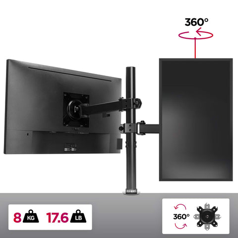 Duronic Single Monitor Arm Stand  showcasing 360-degree rotation and 8kg weight capacity.