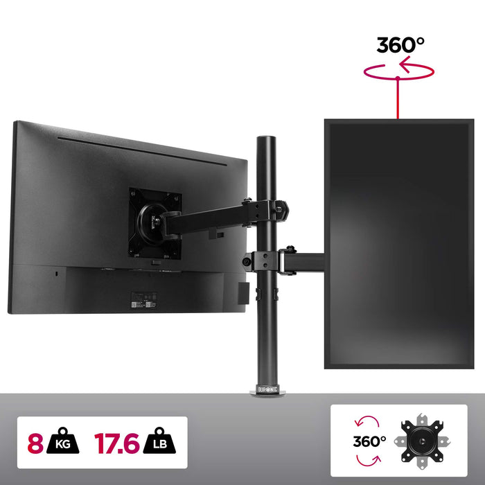 Duronic Single Monitor Arm Stand  showcasing 360-degree rotation and 8kg weight capacity.