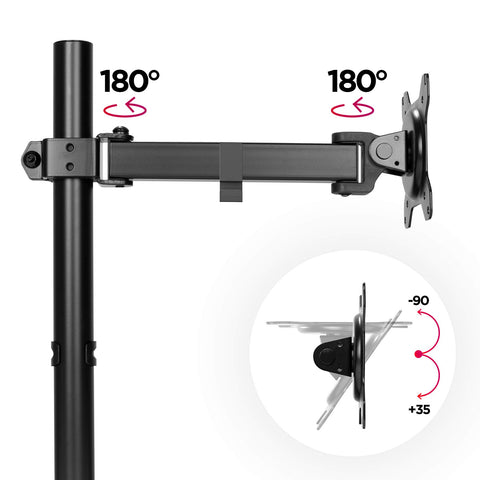 Duronic Single Monitor Arm Stand  showing swiveling hinges, tilting angles, and vertical support pole.