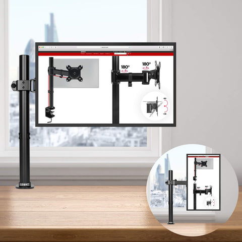 Duronic Single Monitor Arm Stand  with adjustable articulation arms clamped onto a wooden desk surface.