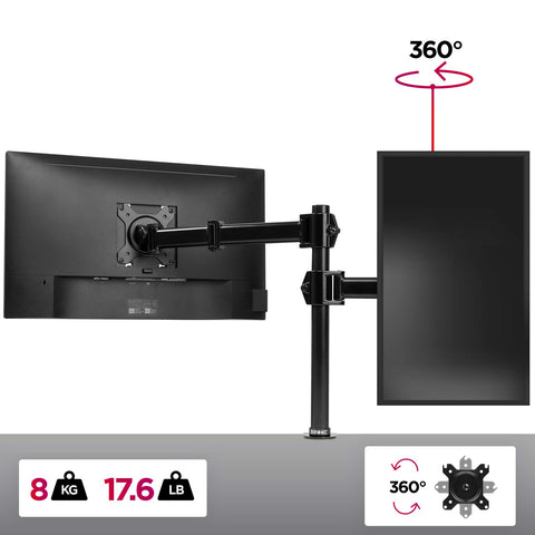 Duronic Single Monitor Arm holding one horizontal and one vertical screen, supporting 8kg weight.