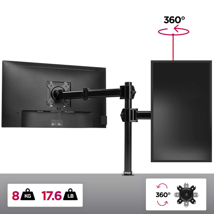 Duronic Single Monitor Arm holding one horizontal and one vertical screen, supporting 8kg weight.