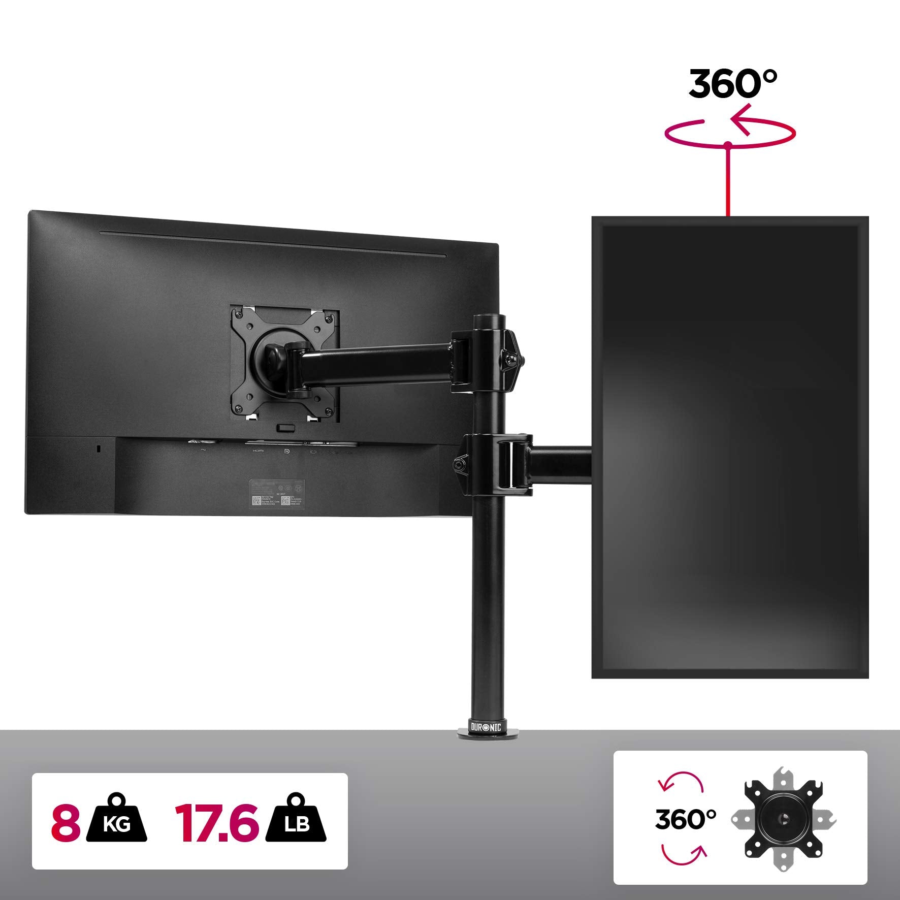Duronic Single Monitor Arm holding one horizontal and one vertical screen, with 360-degree rotation.