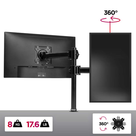 Duronic Single Monitor Arm holding one horizontal and one vertical screen, with 360-degree rotation.