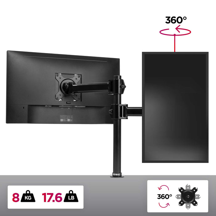 Duronic Single Monitor Arm holding one horizontal and one vertical screen, with 360-degree rotation.