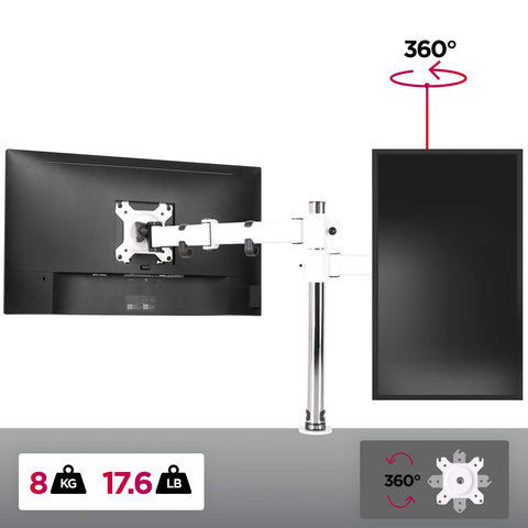 Duronic Single Monitor Arm holding two screens, 8kg capacity, 360-degree rotation, VESA compatible, desk clamp..
