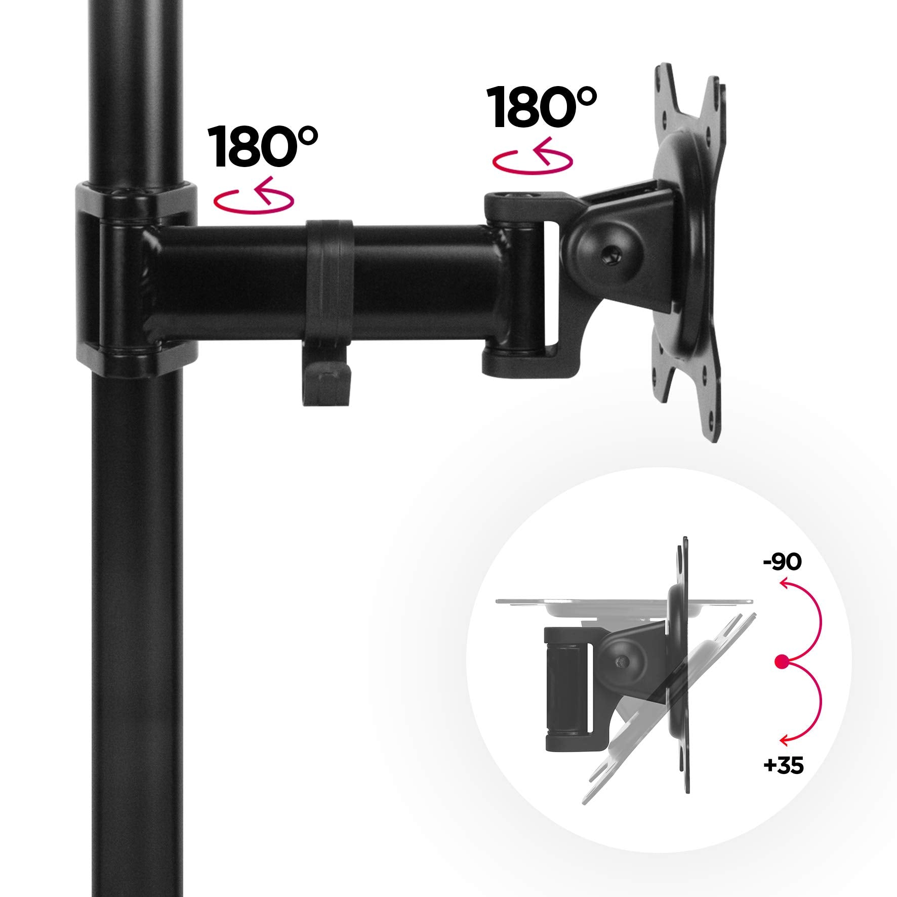 Duronic Single Monitor Arm showing 180-degree swivel joints and vertical tilt capabilities.