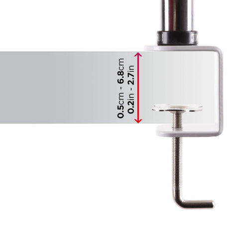 Duronic Single Monitor Arm showing a thickness range of 0.5cm to 6.8cm.