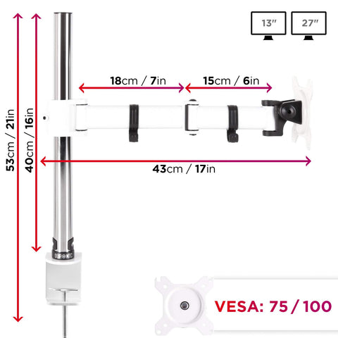 Duronic Single Monitor Arm showing adjustable arm lengths, 43cm reach, and 53cm pole height.