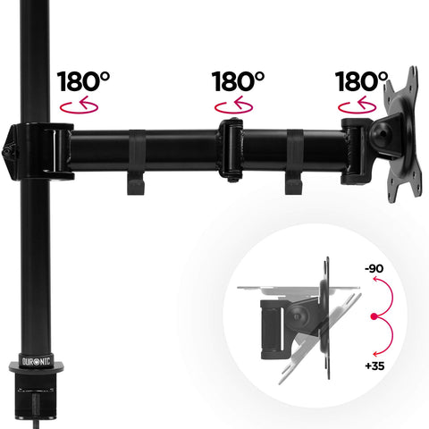 Duronic Single Monitor Arm showing three 180-degree swivel joints and vertical tilt adjustment.
