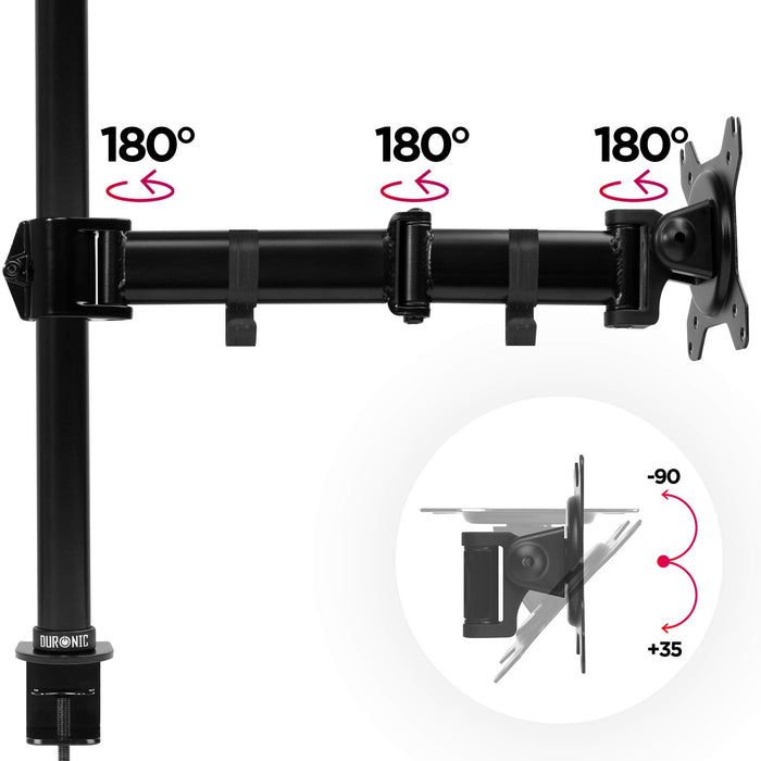 Duronic Single Monitor Arm showing three 180-degree swivel joints and vertical tilt adjustment.