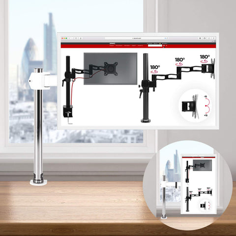 Duronic Single Monitor Arm with 180-degree swivel, silver pole, and black articulating arm.
