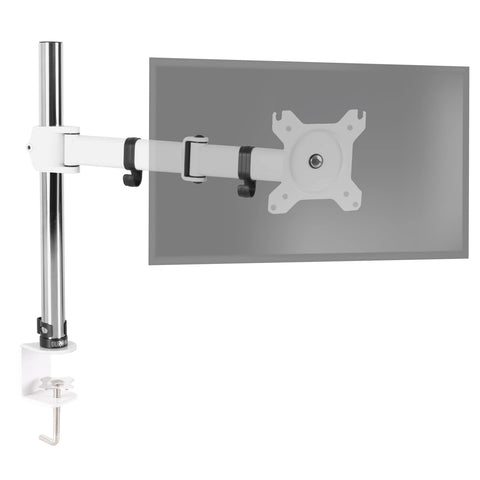Duronic Single Monitor Arm with adjustable articulating arm and C-clamp in a sleek white finish.