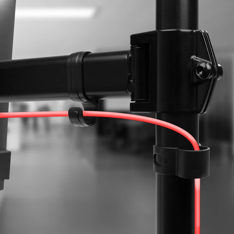 Duronic Single Monitor Arm with cable management clips neatly routing a bright red wire.