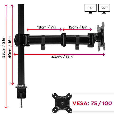 Duronic Single Monitor Arm with dimensions, VESA compatibility, and screen size limits.