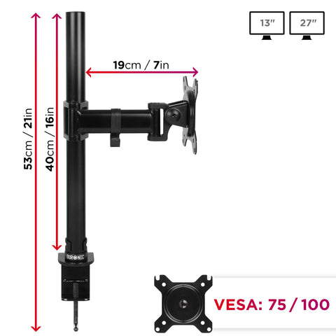 Duronic Single Monitor Arm with measurements, VESA 75/100 compatibility, and adjustable arm.