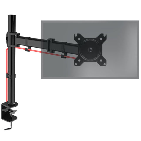 Duronic Single Monitor Arm with red cable management clips, holding a transparent screen outline.