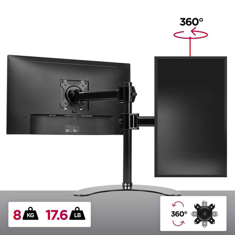 Duronic Single Monitor Stand holding one horizontal and one vertical screen with 360-degree rotation capability.
