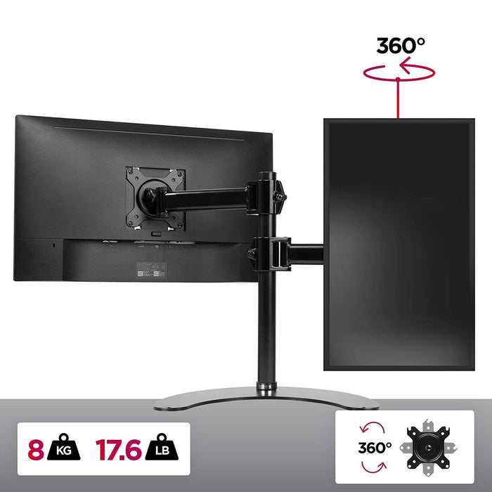Duronic Single Monitor Stand holding one horizontal and one vertical screen with 360-degree rotation capability.