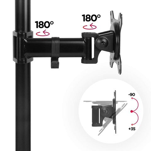 Duronic Single Monitor Stand showing 180-degree swivel joints and vertical tilt range.