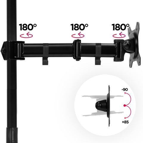 Duronic Single Monitor Stand showing 180-degree swivel points and vertical tilt range for ergonomic viewing.