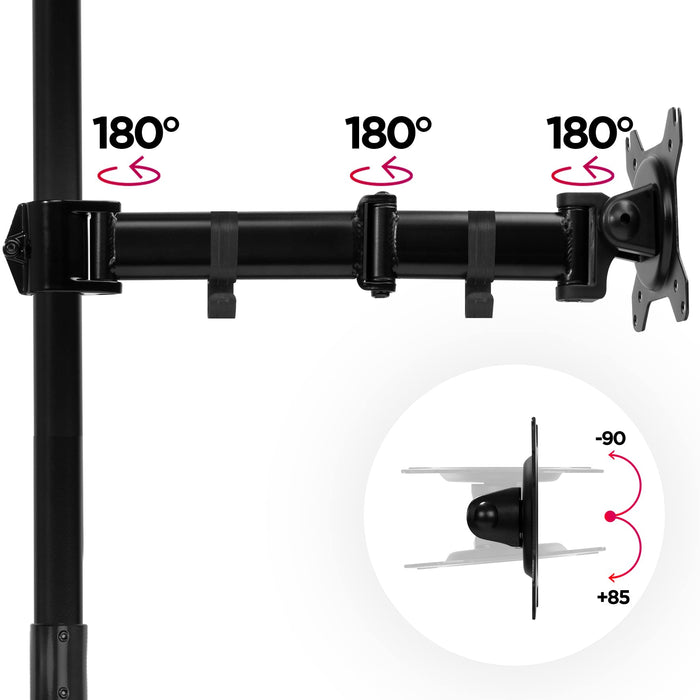 Duronic Single Monitor Stand showing 180-degree swivel points and vertical tilt range for ergonomic viewing.
