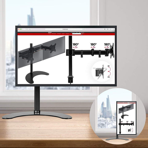 Duronic Single Monitor Stand showing horizontal and portrait orientation options with adjustable arm articulation diagrams.