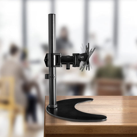 Duronic Single Monitor Stand with a crescent base, adjustable arm, and tilting VESA mount plate.