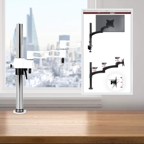 Duronic Single Monitor Stand with adjustable arm and 360-degree rotation capabilities.