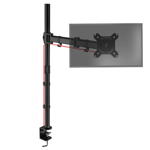 Duronic Single Monitor Stand with adjustable arm, cable management clips, and heavy-duty C-clamp base.