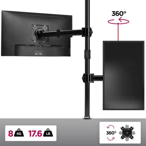 Duronic Single Monitor Stand with adjustable arms, 360-degree rotation, and 17.6lb weight capacity per screen.