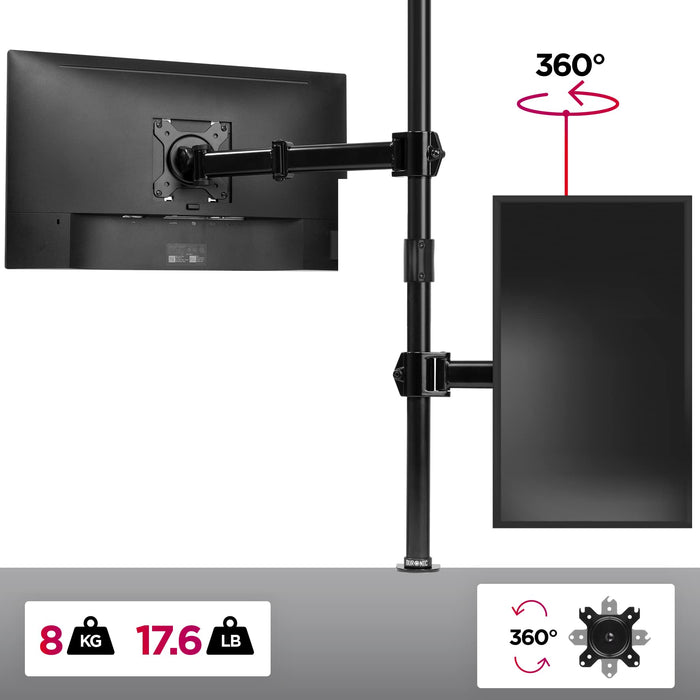 Duronic Single Monitor Stand with adjustable arms, 360-degree rotation, and 17.6lb weight capacity per screen.