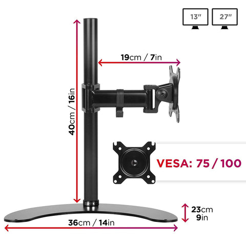 Duronic Single Monitor Stand with black pole, arm, VESA mount, and curved desk base.