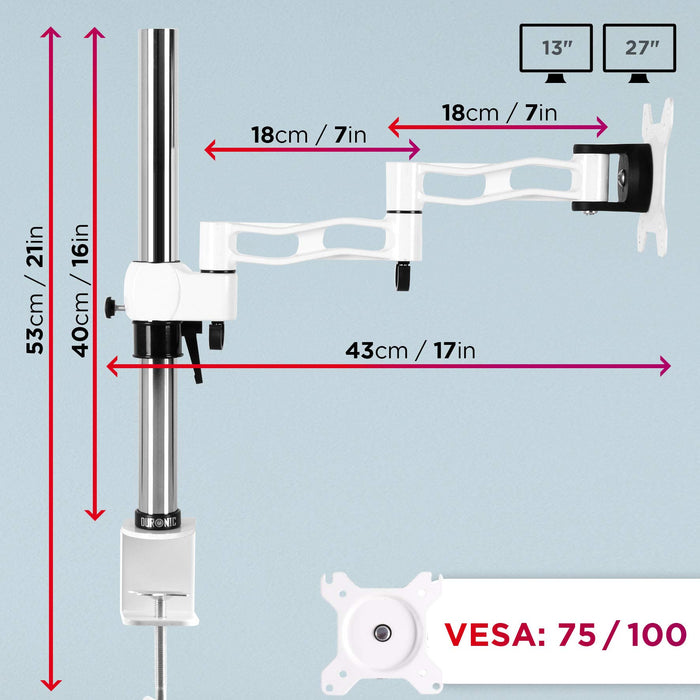 Duronic Single Monitor Stand with dimensions, 13-27 inch screen compatibility, and VESA 75/100 mounting plate.