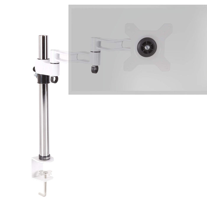 Duronic Single Monitor Stand with silver pole, white articulating arm, and C-clamp base attachment.