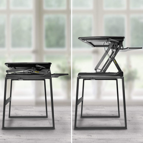 Duronic Sit-Stand Desk Frame comparison of a black standing desk converter in both its lowered and raised positions.