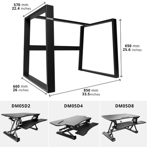 Duronic Sit-Stand Desk Frame shown alongside three compatible adjustable standing desk converters.