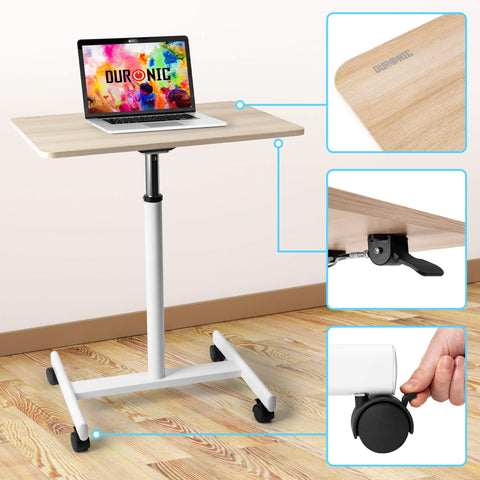 Duronic Sit-Stand Desk WPS67 with a light wood grain finish, featuring close-up views of the gas lift lever, locking wheels, and branded tabletop surface.