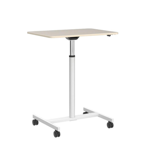 Duronic Sit-Stand Desk WPS67 with a light wood tabletop, white steel frame, and four locking caster wheels for easy portability.