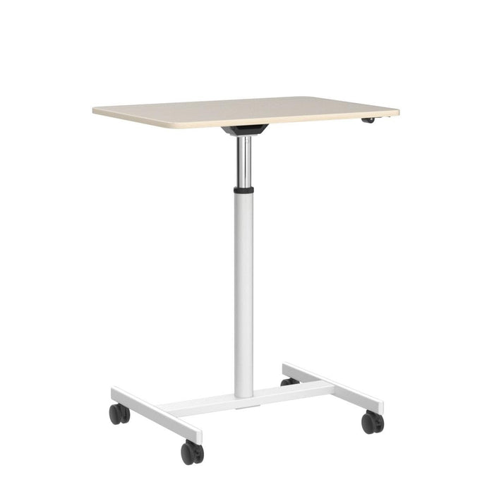 Duronic Sit-Stand Desk WPS67 with a light wood tabletop, white steel frame, and four locking caster wheels for easy portability.