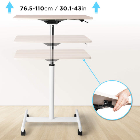 Duronic Sit-Stand Desk WPS67 with a light wood top and white frame, showing a height range of 76.5-110cm (30.1-43in) and a close-up of the easy-to-use adjustment lever.