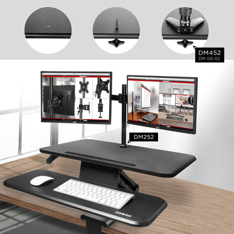 Duronic Sit-Stand Desk attached to a standing desk converter via a grommet hole installation.