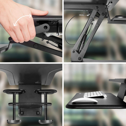 Duronic Sit-Stand Desk demonstrating an adjustable, clamp-on desk keyboard tray with hydraulic lift mechanism features
