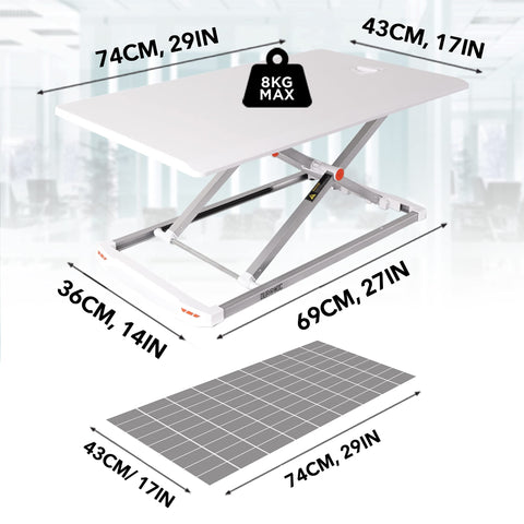 Duronic Sit-Stand Desk dimensions, 74cm wide, 8kg max capacity, featuring x-frame lifting mechanism and base.