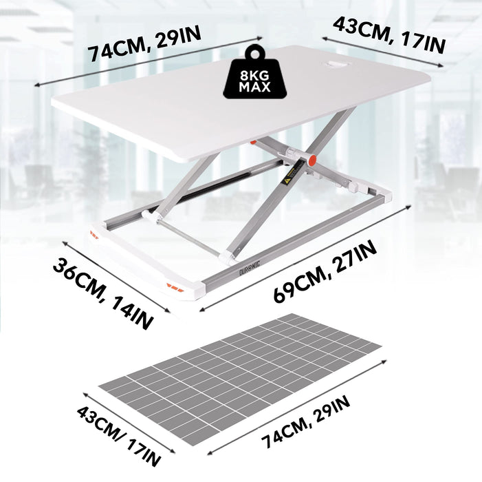 Duronic Sit-Stand Desk dimensions, 74cm wide, 8kg max capacity, featuring x-frame lifting mechanism and base.