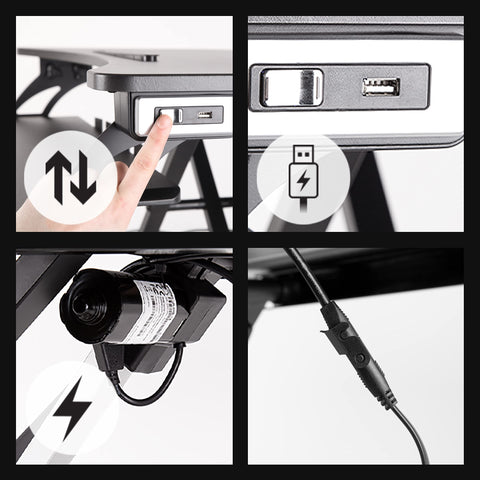Duronic Sit-Stand Desk features: motor, power cord, height control switch, and USB port.