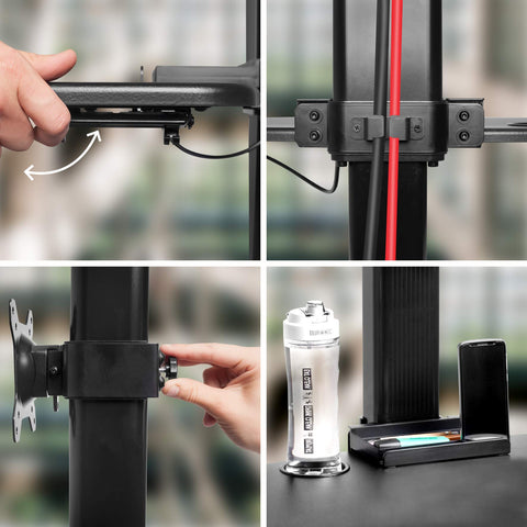 Duronic Sit-Stand Desk features of a black monitor stand, including adjustment mechanisms, cable management, and storage.
