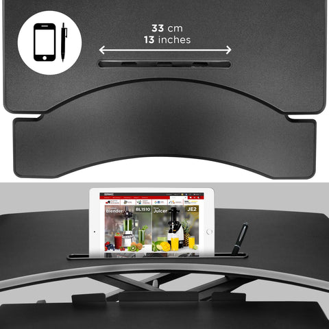 Duronic Sit-Stand Desk featuring a built-in 13-inch accessory slot holding a tablet and pen.