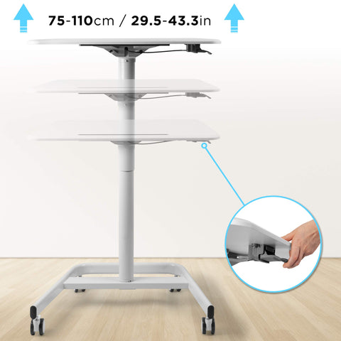 Duronic Sit-Stand Desk featuring a gas spring lever and a 29.5-to-43.3-inch range.